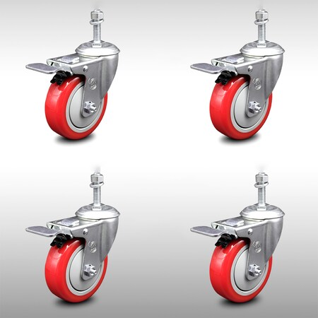 Service Caster 4 Inch SS Red Polyurethane 3/8 Inch Threaded Stem Caster Set Total Lock Brake SCC-SSTSTTL20S414-PPUB-RED-381615-4